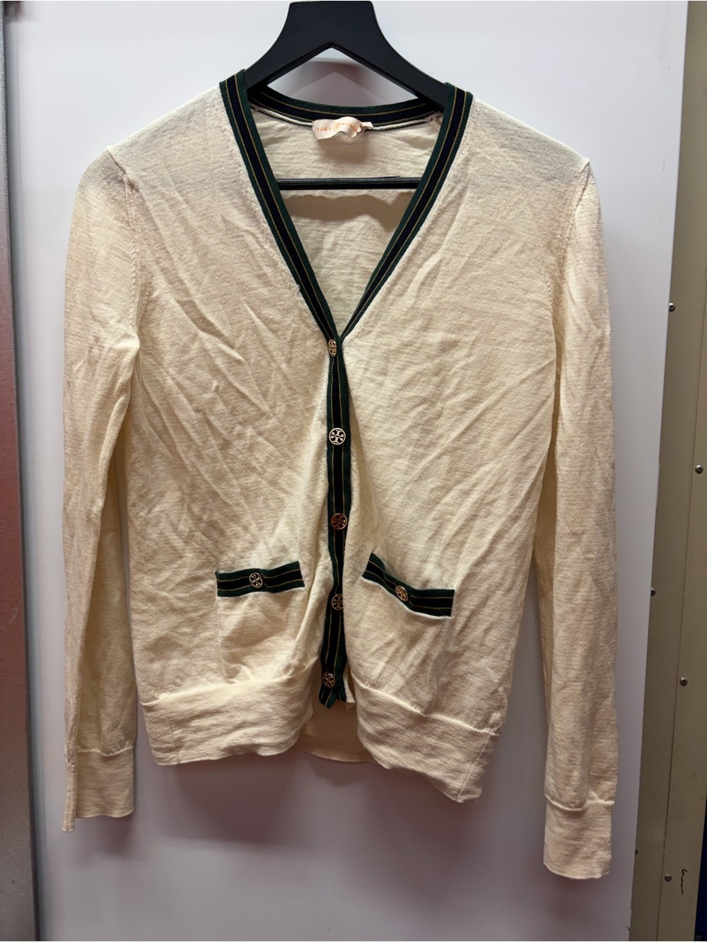 Tory Burch Cream Cardigan with Dark Green Trim